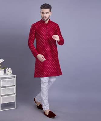 Red printed banarasi silk kurtas for men 4