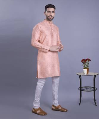 Peach printed banarasi silk kurtas for men 4