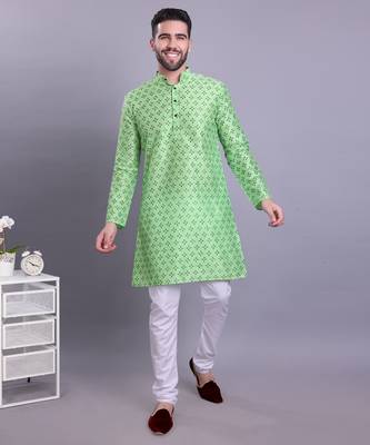 Green printed banarasi silk kurtas for men 2