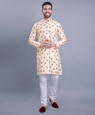 Beige printed banarasi silk kurtas for men 1