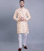 Beige printed banarasi silk kurtas for men