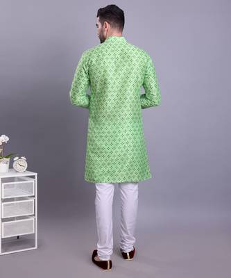 Green printed banarasi silk kurtas for men 3