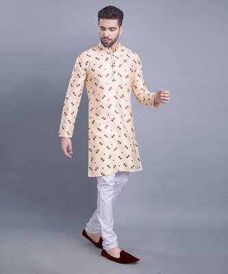 Beige printed banarasi silk kurtas for men 3