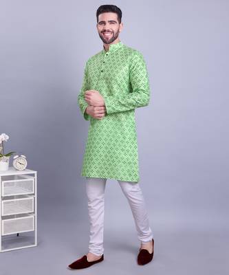 Green printed banarasi silk kurtas for men 1