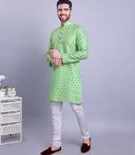 Green printed banarasi silk kurtas for men