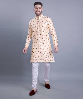 Beige printed banarasi silk kurtas for men 4