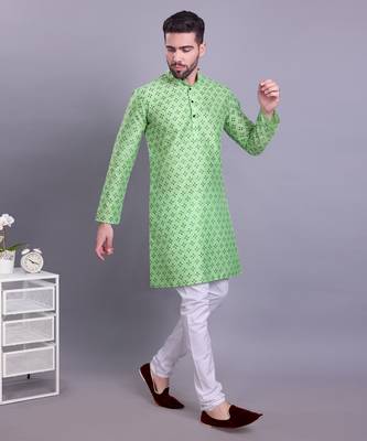 Green printed banarasi silk kurtas for men 4