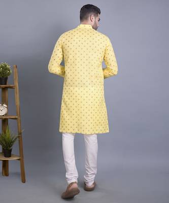 Yellow printed cotton men-kurtas 3