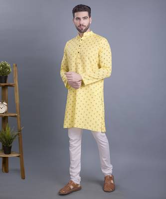 Yellow printed cotton men-kurtas 1