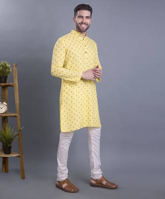 Yellow printed cotton men-kurtas 4