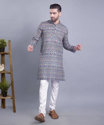 Grey printed cotton men-kurtas 1