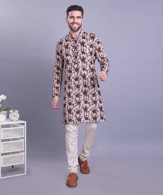 Beige printed cotton men-kurtas 1