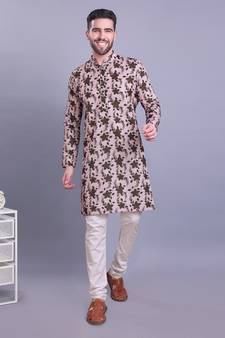 Beige printed cotton men-kurtas