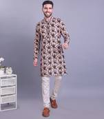 Beige printed cotton men-kurtas