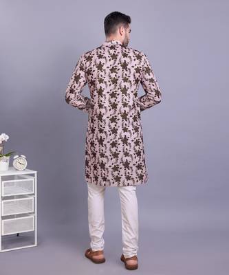 Beige printed cotton men-kurtas 2