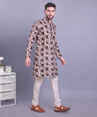 Beige printed cotton men-kurtas 3