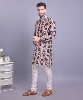 Beige printed cotton men-kurtas 4