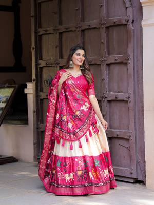 Women's Dola Silk With Printed with foil work Lehenga Choli For Wedding  2