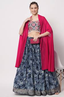 NAVY BLUE PRINT WITH SEQUINCE EMBROIDERED WORK SILK FESTIVE & PARTY WEAR SEMI STITCHED LEHENGA