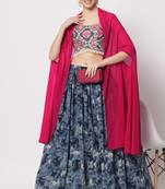 NAVY BLUE PRINT WITH SEQUINCE EMBROIDERED WORK SILK FESTIVE & PARTY WEAR SEMI STITCHED LEHENGA