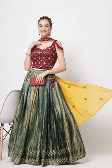 GREEN CRUSH PRINT WITH THREAD & SEQUINCE EMBROIDERED WORK CHINON SILK FESTIVE & PARTY WEAR SEMI STITCHED LEHENGA