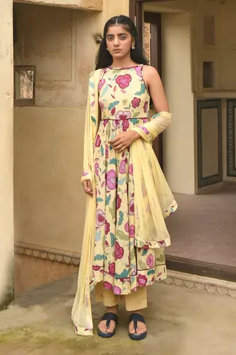 Yellow Floral Printed Kurta Set