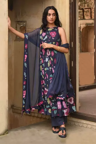 Blue Floral Printed Mulmul Kurta Set