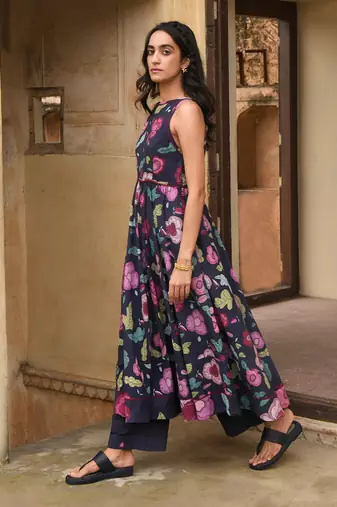 Blue Floral Printed Mulmul Kurta Set