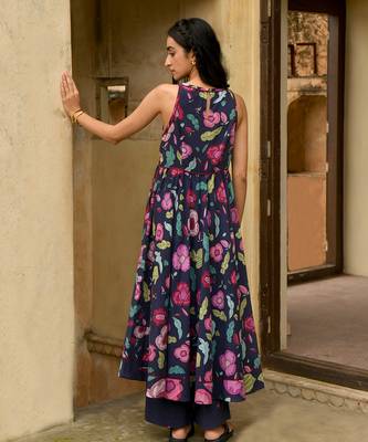 Blue Floral Printed Mulmul Kurta Set 5