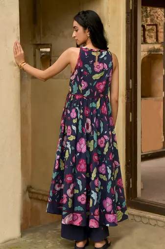 Blue Floral Printed Mulmul Kurta Set