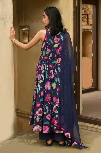 Blue Floral Printed Mulmul Kurta Set
