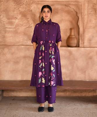  Violet Floral Print Chanderi Kurta Set  1