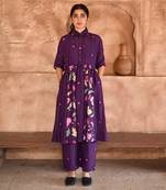  Violet Floral Print Chanderi Kurta Set 