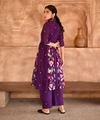  Violet Floral Print Chanderi Kurta Set  2