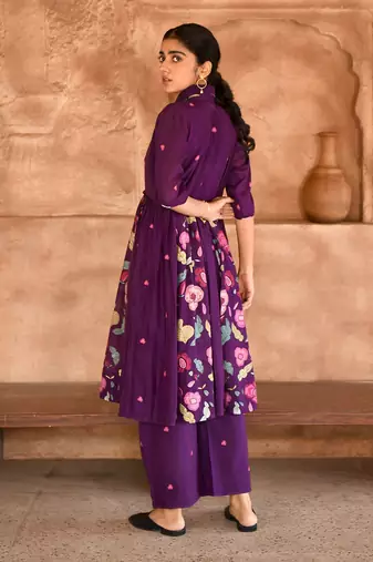  Violet Floral Print Chanderi Kurta Set 