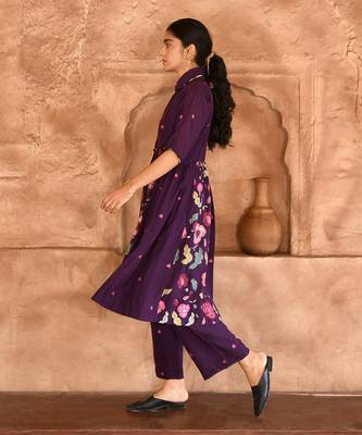  Violet Floral Print Chanderi Kurta Set  3