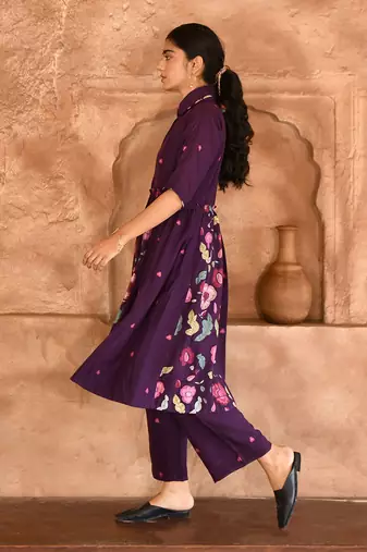  Violet Floral Print Chanderi Kurta Set 