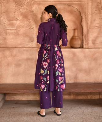  Violet Floral Print Chanderi Kurta Set  4