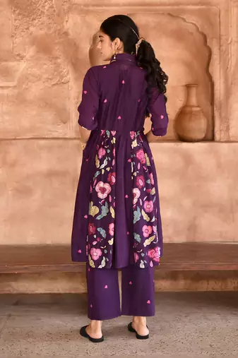  Violet Floral Print Chanderi Kurta Set 