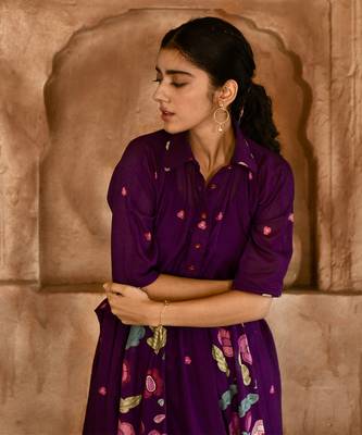  Violet Floral Print Chanderi Kurta Set  5