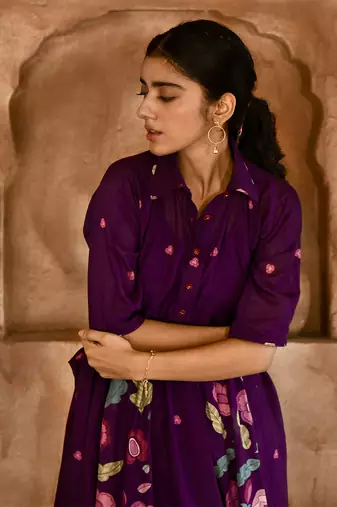  Violet Floral Print Chanderi Kurta Set 