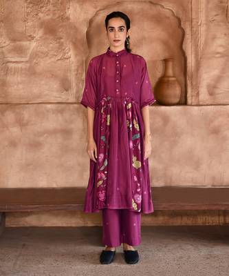 Wine Red Floral Print Kurta Set  1