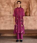 Wine Red Floral Print Kurta Set 