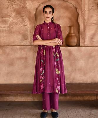 Wine Red Floral Print Kurta Set  2