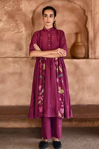 Wine Red Floral Print Kurta Set 