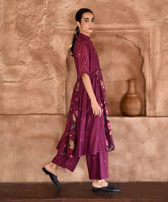 Wine Red Floral Print Kurta Set  3