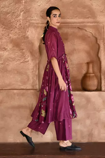 Wine Red Floral Print Kurta Set 