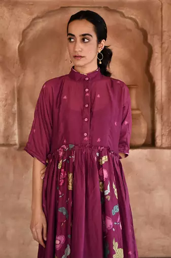 Wine Red Floral Print Kurta Set 