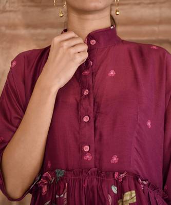 Wine Red Floral Print Kurta Set  5