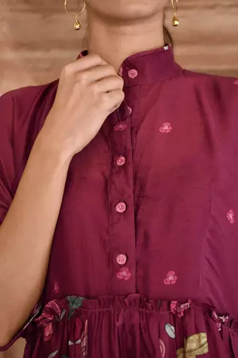 Wine Red Floral Print Kurta Set 